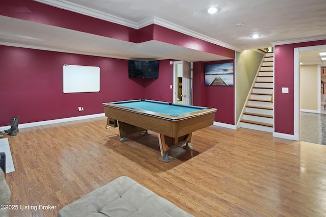 game room with pool table, baseboards, ornamental molding, recessed lighting, and wood finished floors