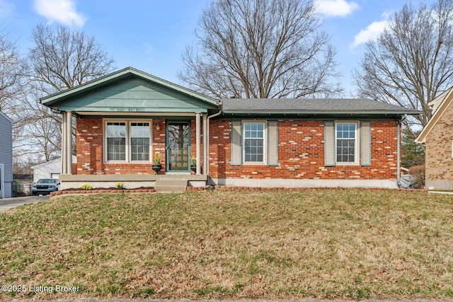 single story home with brick siding and a front lawn