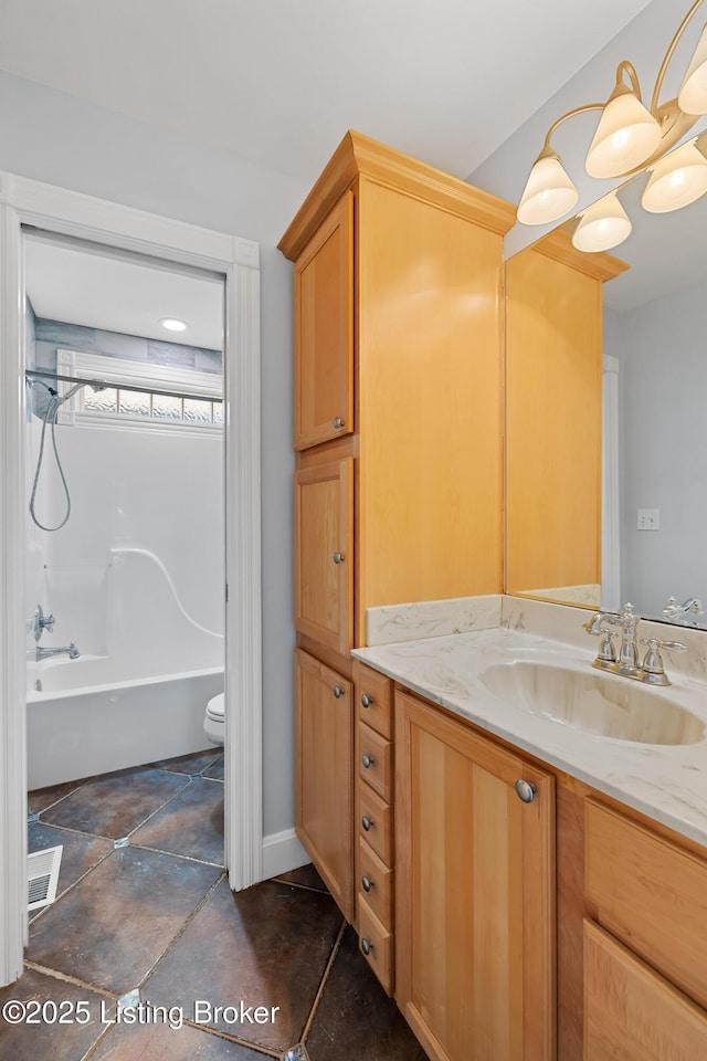 bathroom featuring shower / bathing tub combination, toilet, visible vents, and vanity