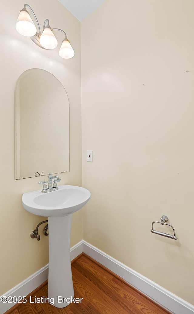 bathroom with wood finished floors, baseboards, and a sink