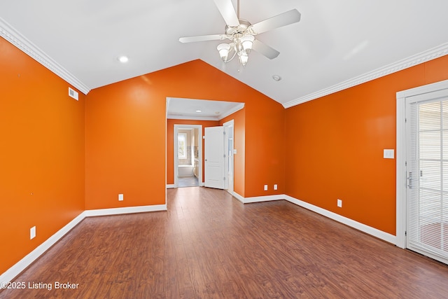 unfurnished living room featuring wood finished floors, visible vents, baseboards, lofted ceiling, and ornamental molding