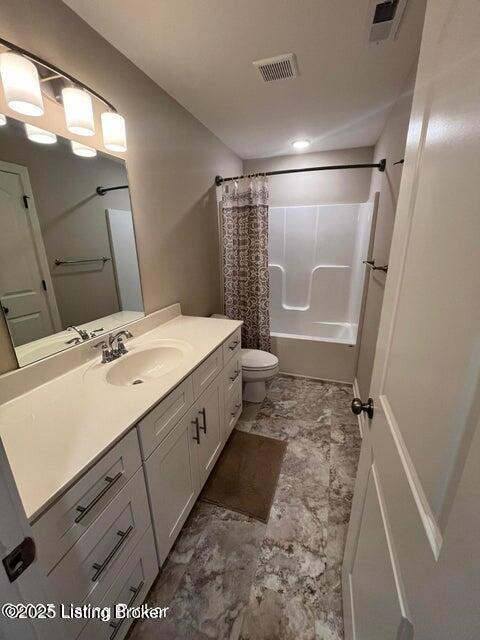 bathroom with visible vents, shower / bath combination with curtain, toilet, and vanity