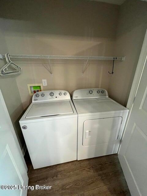 clothes washing area with independent washer and dryer, dark wood-style floors, and laundry area