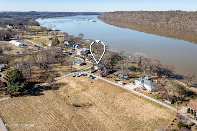 drone / aerial view featuring a water view