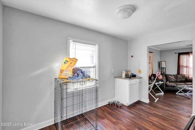 interior space featuring white cabinets, wood finished floors, baseboards, and a wealth of natural light