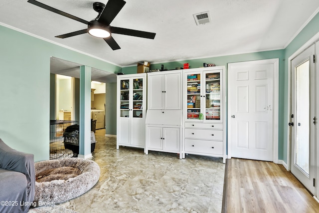 221 Forrest Dr, Lawrenceburg, KY 40342 - bedroom featuring crown molding, washer / clothes dryer, baseboards, and ceiling fan