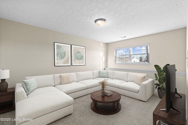 living area with carpet floors and a textured ceiling