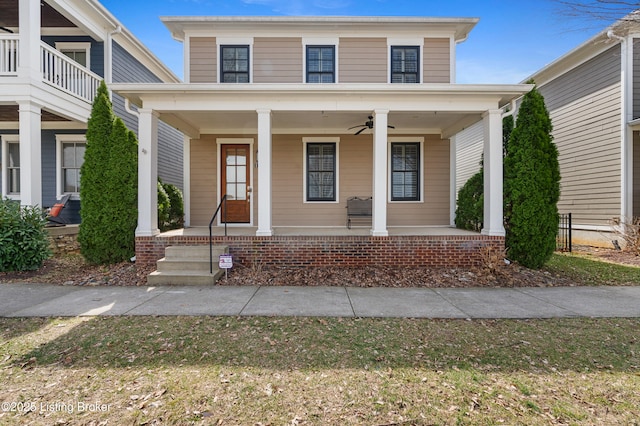 view of front of property featuring covered porch and a ceiling fan