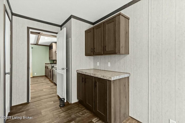 kitchen with dark brown cabinetry, dishwasher, dark wood-style floors, and light countertops