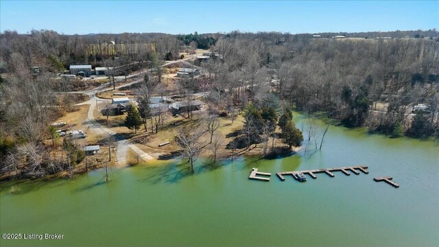 aerial view with a forest view and a water view