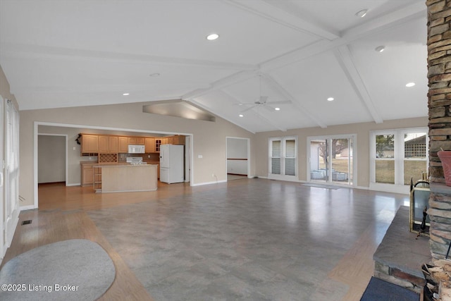 living area featuring visible vents, baseboards, lofted ceiling with beams, recessed lighting, and ceiling fan