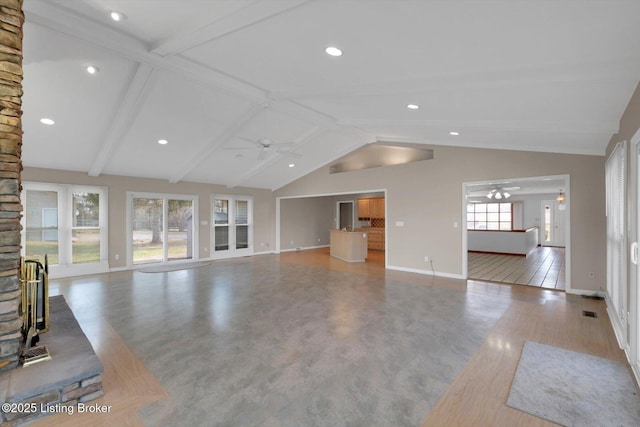 unfurnished living room featuring lofted ceiling with beams, baseboards, wood finished floors, and ceiling fan