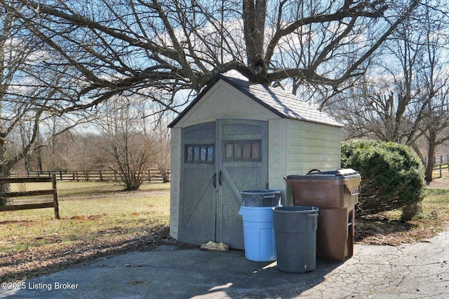 view of shed featuring fence