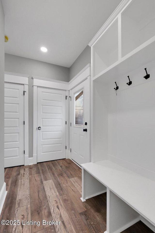 mudroom with recessed lighting and wood finished floors