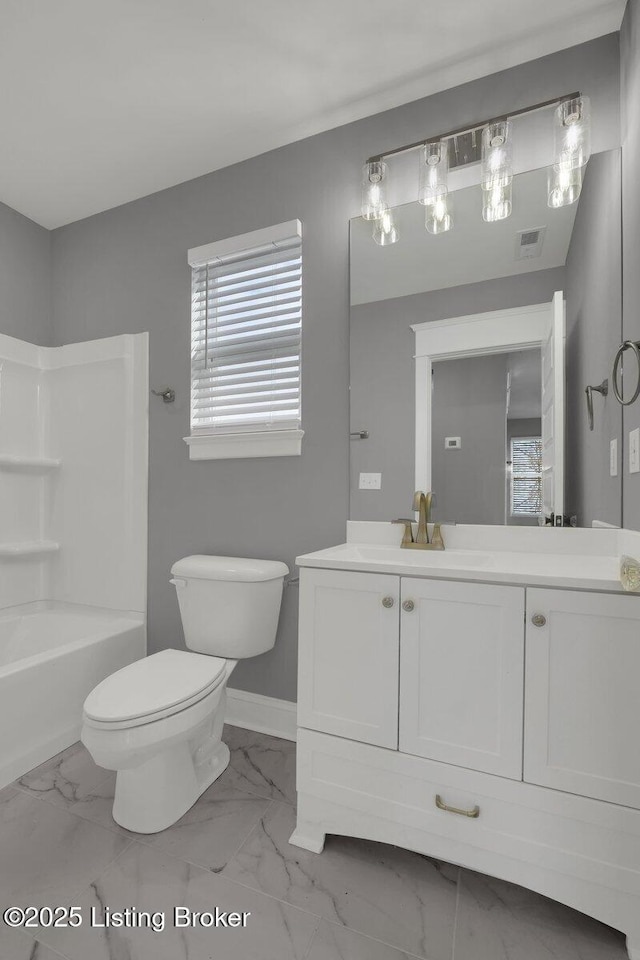 bathroom featuring vanity, visible vents, baseboards, toilet, and marble finish floor