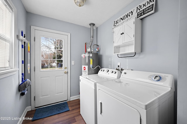 laundry room with baseboards, laundry area, water heater, dark wood-type flooring, and washing machine and dryer