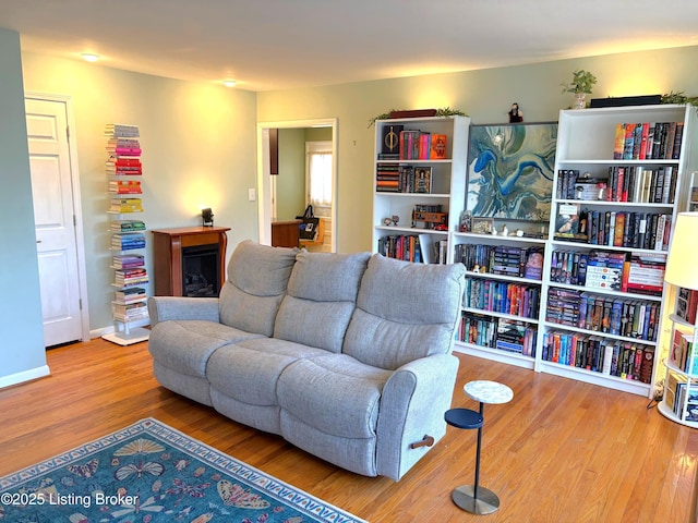 living room with a fireplace, wood finished floors, and baseboards