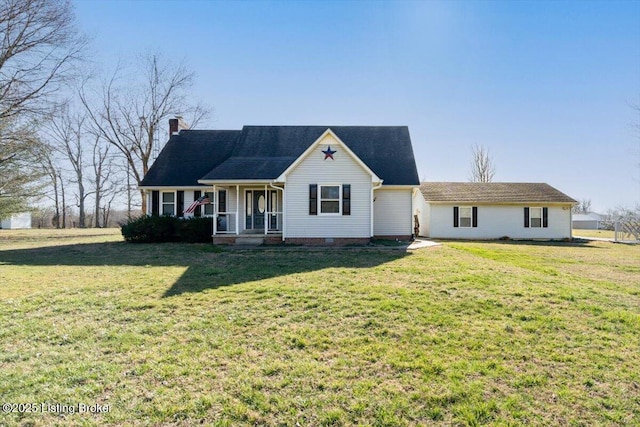 ranch-style home featuring crawl space, a porch, a chimney, and a front yard