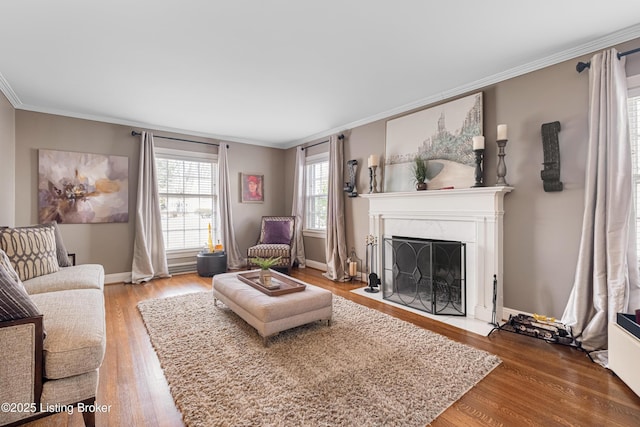 living room featuring a fireplace with flush hearth, wood finished floors, baseboards, and ornamental molding