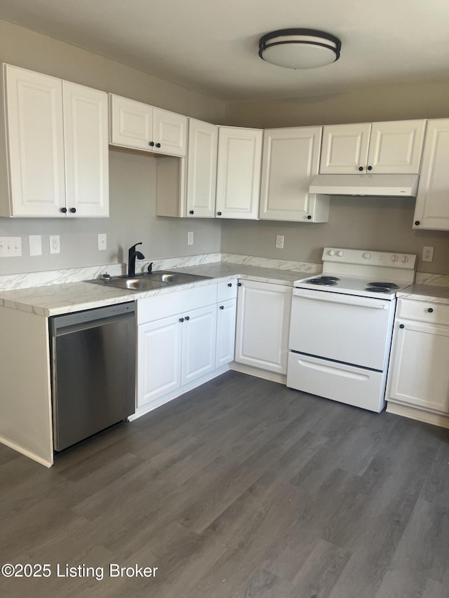 kitchen with under cabinet range hood, dishwasher, white range with electric stovetop, white cabinetry, and a sink