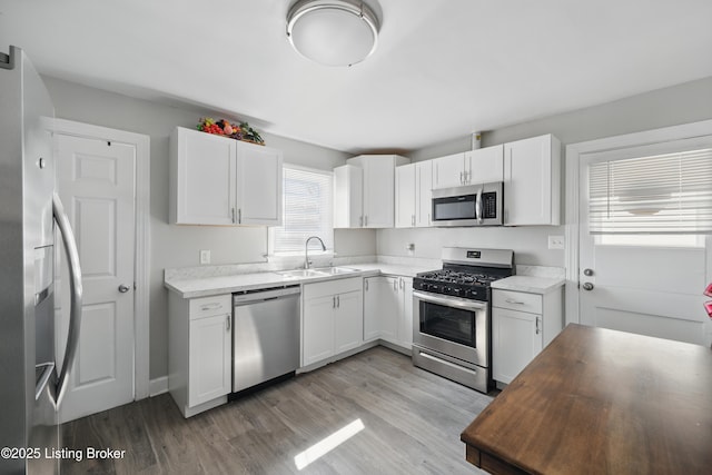 kitchen with light countertops, light wood finished floors, appliances with stainless steel finishes, and a sink