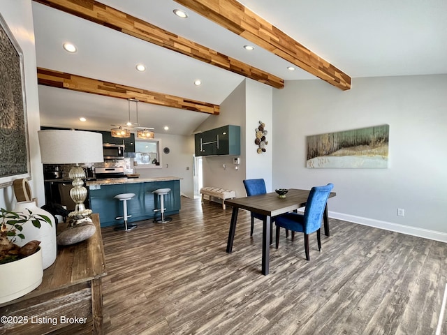 dining space featuring lofted ceiling with beams, recessed lighting, baseboards, and dark wood-style flooring