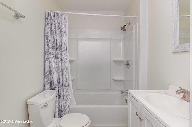 bathroom featuring shower / bath combo with shower curtain, toilet, and vanity