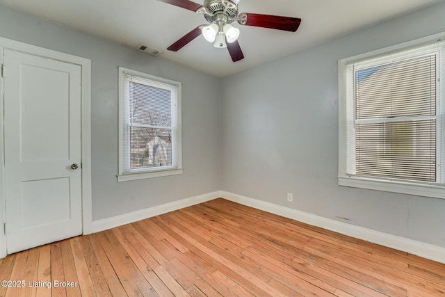 empty room with light wood finished floors, visible vents, a ceiling fan, and baseboards