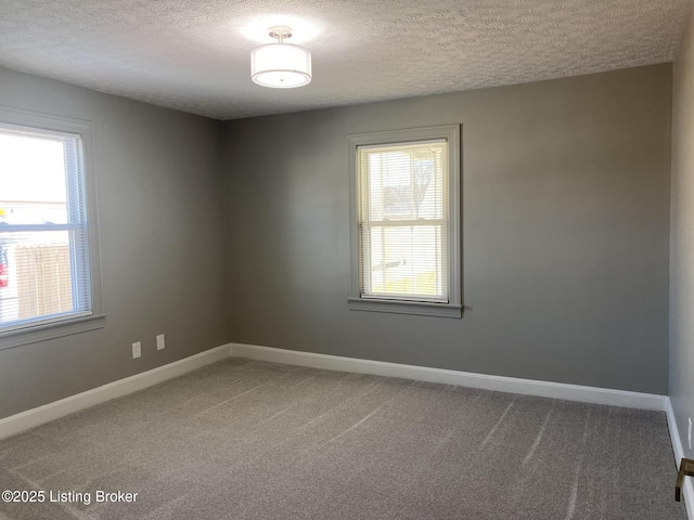 carpeted spare room featuring plenty of natural light, baseboards, and a textured ceiling