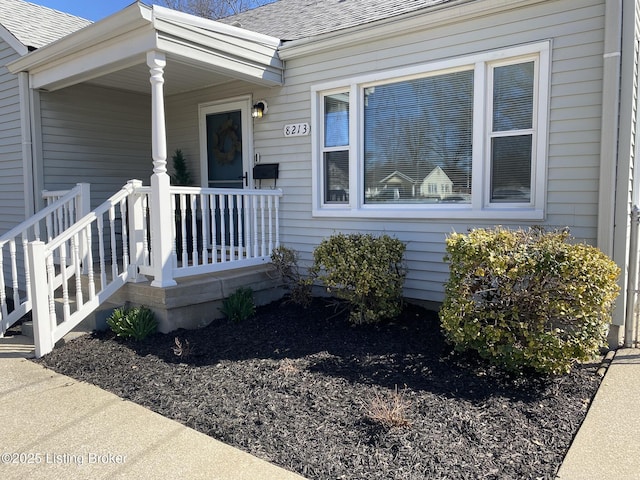 entrance to property with covered porch and roof with shingles