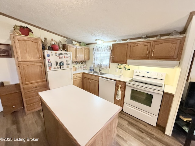 kitchen with white appliances, wood finished floors, a sink, a textured ceiling, and exhaust hood