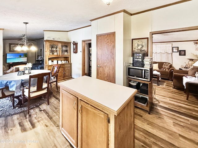 450 Stanley Allen Dr, Vine Grove, KY 40175 - kitchen featuring stainless steel microwave, ornamental molding, a chandelier, light wood finished floors, and open floor plan
