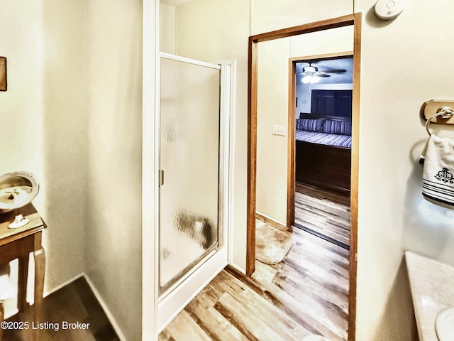 450 Stanley Allen Dr, Vine Grove, KY 40175 - ensuite bathroom featuring wood finished floors, a stall shower, and vanity
