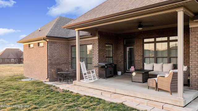 view of patio featuring an outdoor living space, a grill, and a ceiling fan