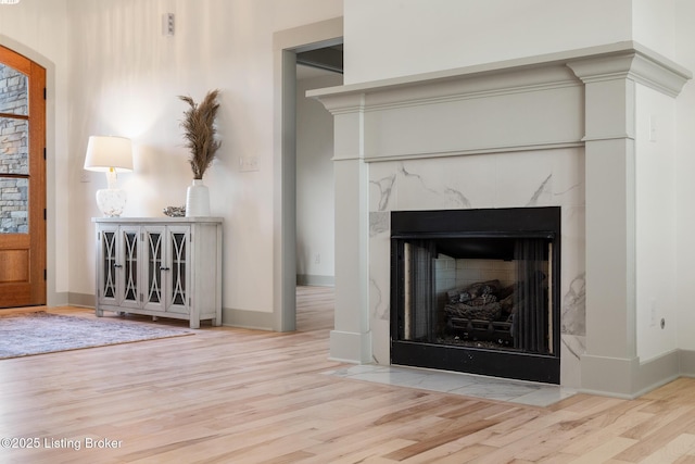 room details with a premium fireplace, baseboards, and wood finished floors