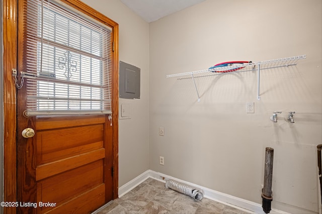 laundry room with electric panel, laundry area, baseboards, and washer hookup