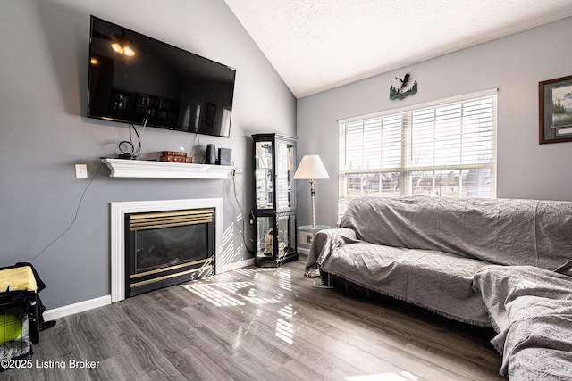 living area with wood finished floors, baseboards, vaulted ceiling, a textured ceiling, and a glass covered fireplace