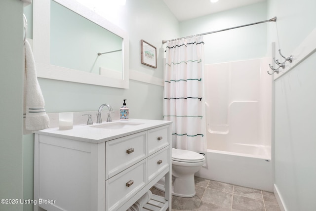 full bathroom with vanity, tile patterned floors, toilet, and shower / tub combo with curtain