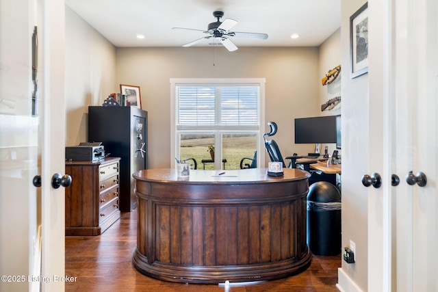 office featuring recessed lighting, dark wood-type flooring, and a ceiling fan