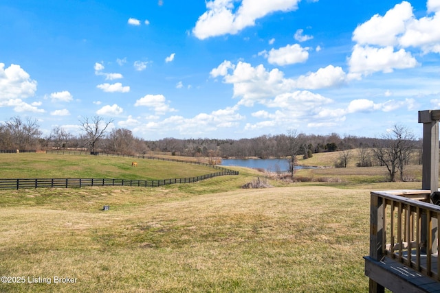 view of yard featuring a rural view and a water view