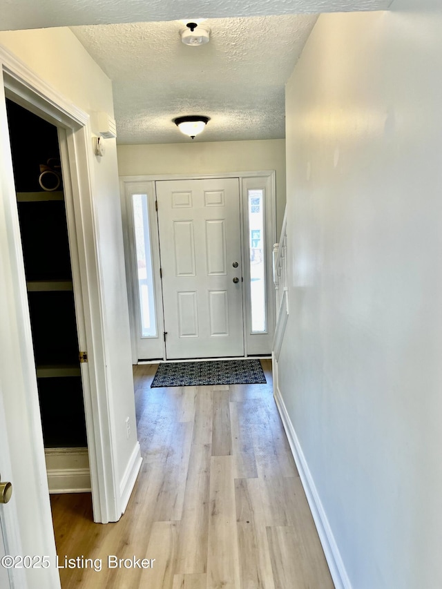 foyer with baseboards, light wood-style floors, a healthy amount of sunlight, and a textured ceiling