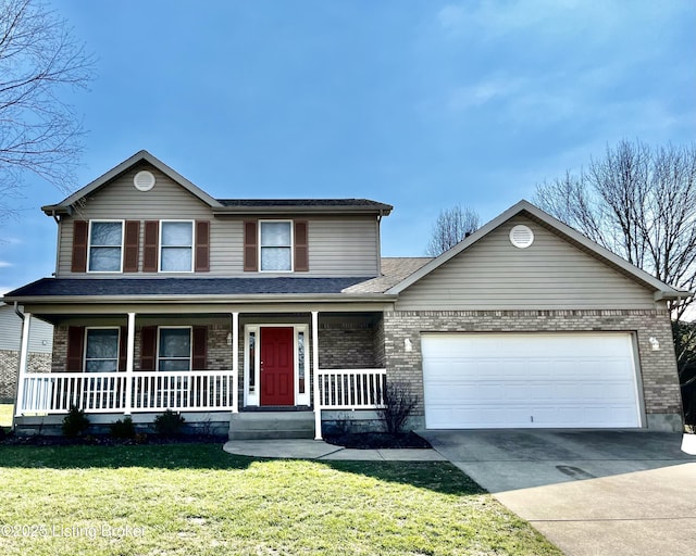 traditional-style home featuring brick siding, covered porch, concrete driveway, and a front lawn