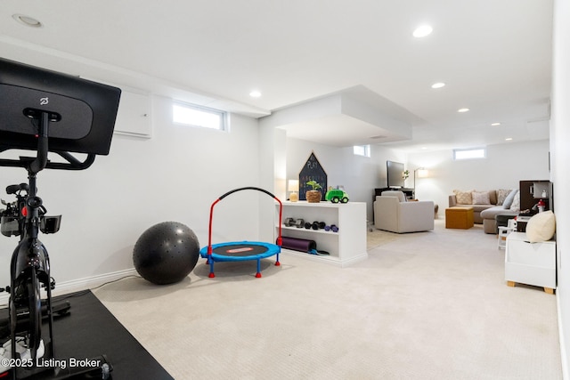 exercise area with recessed lighting and carpet floors