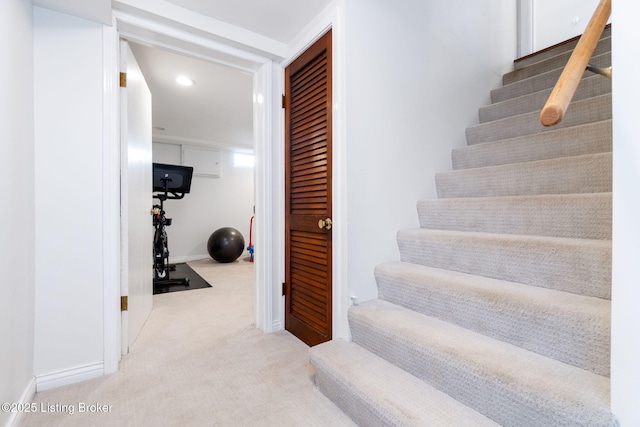 stairs featuring recessed lighting, baseboards, and carpet floors