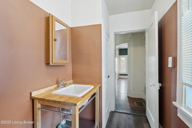 bathroom with vanity, wood finished floors, and visible vents