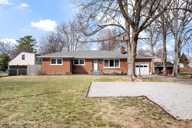 ranch-style house with fence, an attached garage, a chimney, concrete driveway, and a front lawn