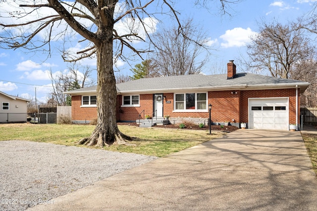 ranch-style house featuring brick siding, fence, a chimney, driveway, and an attached garage