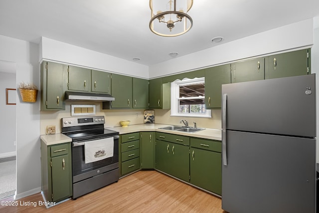 kitchen with under cabinet range hood, appliances with stainless steel finishes, light countertops, and a sink