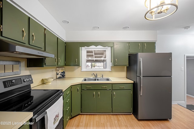 kitchen with a sink, light countertops, light wood-style floors, under cabinet range hood, and appliances with stainless steel finishes