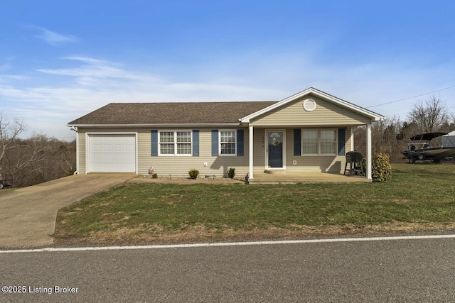 single story home with a front lawn, driveway, a porch, a shingled roof, and a garage